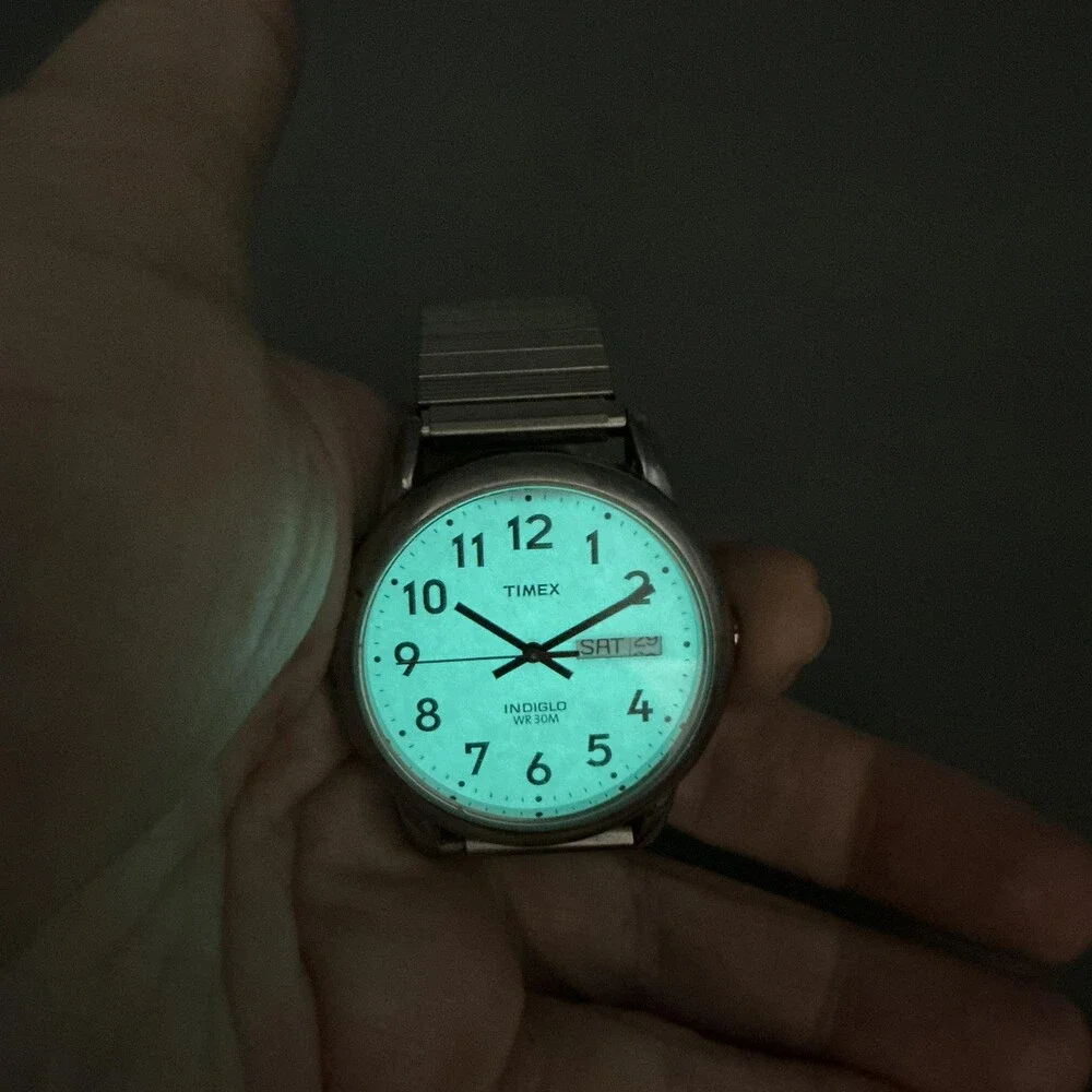 Timex Indiglo Mens Watch 36mm White Dial Stainless Expansion Day Date New Battey
